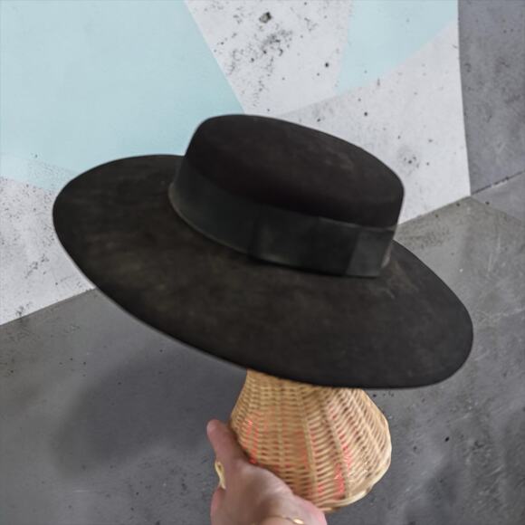 Vintage Black Wide Brim Flat Top Boater Hat Wool Felt Church Derby Size 22 main image 8